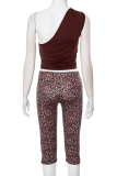 Brown Sexy Print Patchwork Oblique Collar Sleeveless Two Pieces