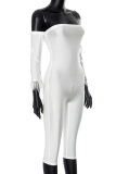 White Sexy Solid Color Feathers Off Shoulder Skinny Jumpsuits