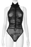 Black Sexy Solid Color See-Through Ruched O Neck Sleeveless Two Pieces