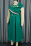 Green Elegant Solid Color Bow Decor O Neck Long Plus Size Dresses