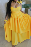 Lemon Yellow Sexy Solid Color Bow Decor Spaghetti Strap Long Dresses