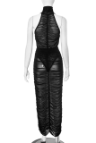 Black Sexy Solid Color See-Through Ruched O Neck Sleeveless Two Pieces