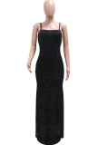Black Sexy Solid Color Hot Drill Spaghetti Strap Long Dresses