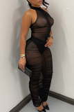 Black Sexy Solid Color See-Through Ruched O Neck Sleeveless Two Pieces