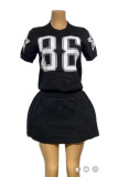 Blue Sportswear Letters See-Through Contrast O Neck Short Sleeve Two Pieces