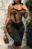 Black Sexy Solid Color Lace Skinny Mid Waist Conventional Patchwork Bottoms