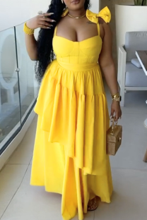 Lemon Yellow Sexy Solid Color Bow Decor Spaghetti Strap Long Dresses