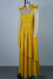Lemon Yellow Sexy Solid Color Bow Decor Spaghetti Strap Long Dresses