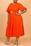 Orange Elegant Solid Color With Belt Pleated O Neck Long Plus Size Dresses