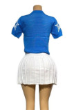 Blue Sportswear Letters See-Through Contrast O Neck Short Sleeve Two Pieces