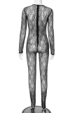 Black Sexy Solid Color See-Through O Neck Skinny Jumpsuits