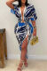 Blue Sexy Print High Slit Ruched Deep V Neck Wrapped Skirt Dresses