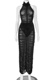 Black Sexy Solid Color See-Through Ruched O Neck Sleeveless Two Pieces