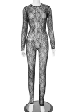 Black Sexy Solid Color See-Through O Neck Skinny Jumpsuits