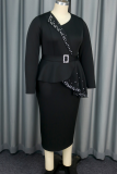 Black Elegant Solid Color Beading Flounce Asymmetrical Collar Wrapped Skirt Plus Size Dresses