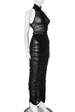 Black Sexy Solid Color See-Through Ruched O Neck Sleeveless Two Pieces