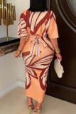 Brick Red Sexy Print High Slit Ruched Deep V Neck Wrapped Skirt Dresses