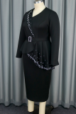 Black Elegant Solid Color Beading Flounce Asymmetrical Collar Wrapped Skirt Plus Size Dresses