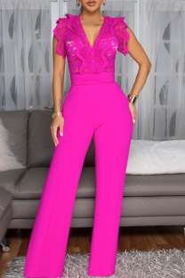 Rose Red Casual Solid Color Lace Strap Design V Neck Regular Jumpsuits