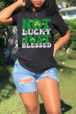 Black Casual Letter Print Shamrock Basic O Neck T-Shirts