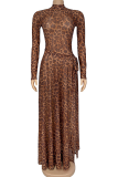 Leopard Print Sexy Leopard Print High Slit O Neck Long Dresses