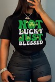 Black Casual Letter Print Shamrock Basic O Neck T-Shirts