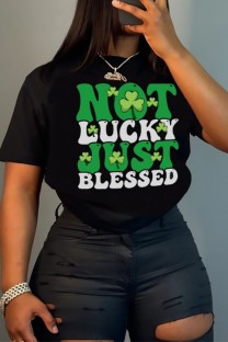 Black Casual Letter Print Shamrock Basic O Neck T-Shirts