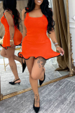 Pink Sexy Solid Color Contrast Spaghetti Strap Irregular Dresses