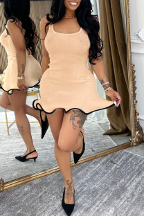 Apricot Sexy Solid Color Contrast Spaghetti Strap Irregular Dresses