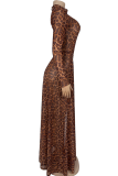 Leopard Print Sexy Leopard Print High Slit O Neck Long Dresses