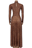 Leopard Print Sexy Leopard Print High Slit O Neck Long Dresses