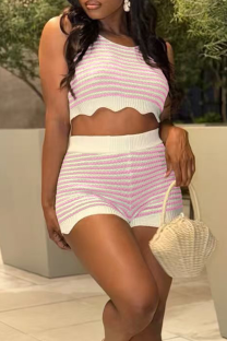 Pink Casual Stripe Patchwork O Neck Sleeveless Two Pieces