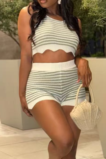 Army Green Casual Stripe Patchwork O Neck Sleeveless Two Pieces