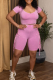 Pink Casual Solid Color Fringed Trim U Neck Short Sleeve Two Pieces