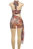 Red Sexy Print Hollow Out Halter Wrapped Skirt Dresses
