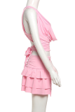 Pink Sexy Solid Color Ruched Deep V Neck Sleeveless Two Pieces