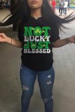 Black Casual Letter Print Shamrock Basic O Neck T-Shirts