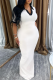 White Casual Patchwork Contrast Turndown Collar Long Dresses