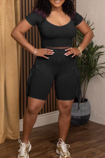 Black Casual Solid Color Fringed Trim U Neck Short Sleeve Two Pieces