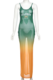 Green Sexy Letters Slit Spaghetti Strap Long Dresses