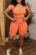 Tangerine Red Casual Solid Color Fringed Trim U Neck Short Sleeve Two Pieces