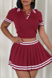 Pink Casual Stripe Buttons Patchwork Turndown Collar Short Sleeve Two Pieces