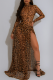 Leopard Print Sexy Leopard Print High Slit O Neck Long Dresses