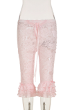 Pink Sexy Solid Color Lace Regular Mid Waist Patchwork Bottoms