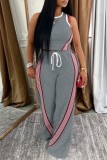 Grey Casual Sportswear Daily Striped Print Patchwork O Neck Sleeveless Two Pieces