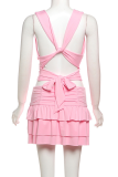 Pink Sexy Solid Color Ruched Deep V Neck Sleeveless Two Pieces