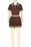 Pink Casual Stripe Buttons Patchwork Turndown Collar Short Sleeve Two Pieces