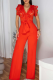 Red Casual Solid Color Lace Strap Design V Neck Regular Jumpsuits