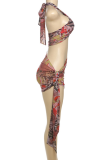 Red Sexy Print Hollow Out Halter Wrapped Skirt Dresses