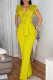 Lemon Yellow Casual Solid Color Lace Strap Design V Neck Regular Jumpsuits
